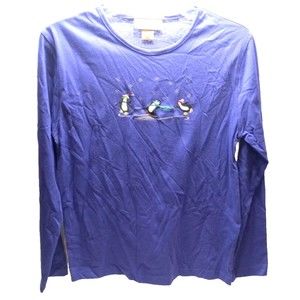 M & C Sportswear Large Holiday T Shirt Long Sleeve Purple Skating Penguins